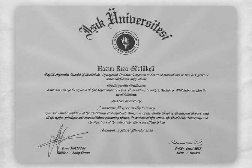 Hazım Rıza Gözlükçü Optisyenlik Diploması